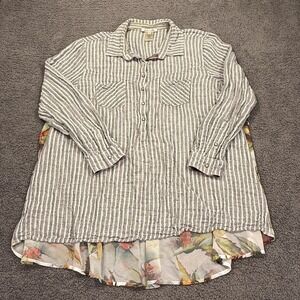 John Mark Shirt Womens Large Gray White Stripe Linen Blend Floral Back Tunic